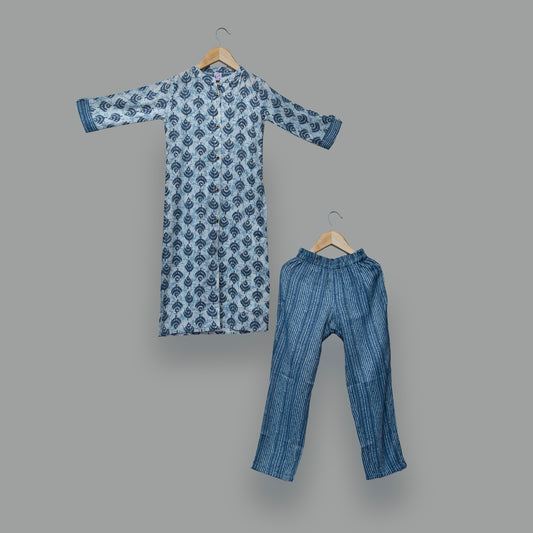 Blue Printed Cotton Co-Ord Kurti Set
