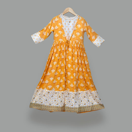 Yellow and White Printed Kurti with Shrug