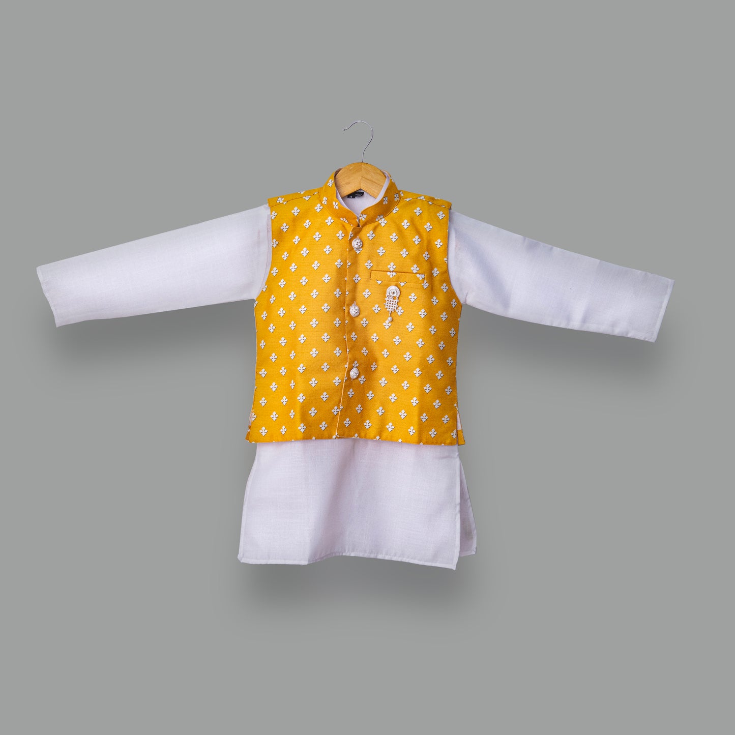 Kurta Pajama with Printed Yellow Vest