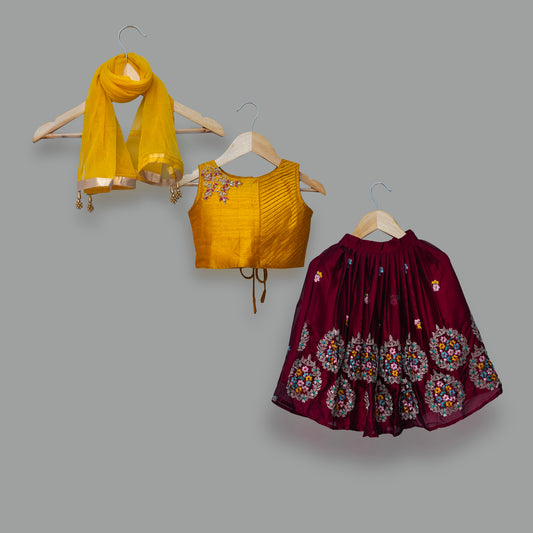 Yellow and Maroon Lehenga Choli